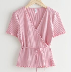 Paris atelier & other stories pink womens ribbed wrap tie top ruffle hem size xs